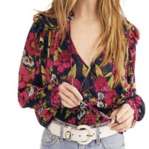 NWT Free People Navy and Pink Floral Nylon V-Neck Top Medium